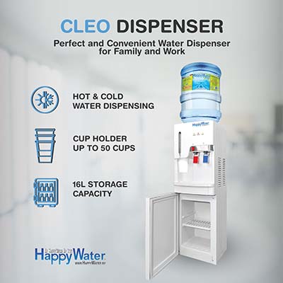The physical appearance of Cleo Dispenser along with the features, product details, and the HappyWater Sdn Bhd logo.