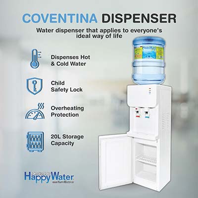 The physical appearance of Coventina Dispenser along with the features, product details, and the HappyWater Sdn Bhd logo.